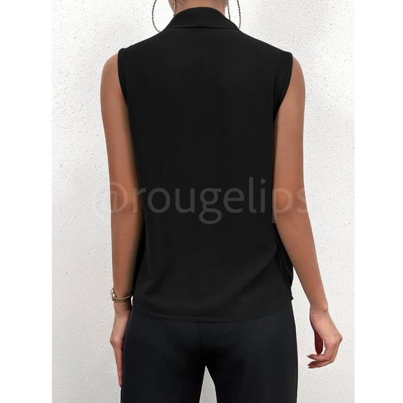 Black Draped Sleeveless Surplice V-Neck Blouse Top - Picture 6 of 7